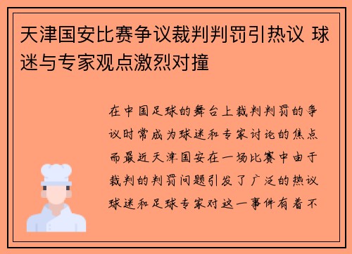 天津国安比赛争议裁判判罚引热议 球迷与专家观点激烈对撞